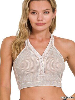 Washed Ribbed Seamless Button V-neck Tank Top